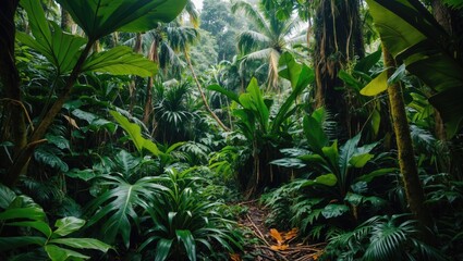 Fototapeta premium Lush tropical rainforest with dense green foliage and tall trees. Dense jungle scenery with vibrant plant life and a natural pathway through the forest.