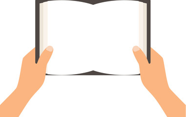 vector flat illustration of hands holding opened book isolated on white background. reading books. book mockup