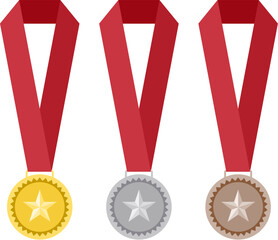 vector set of gold, silver and bronze medals with red ribbons isolated on white background. medal icons