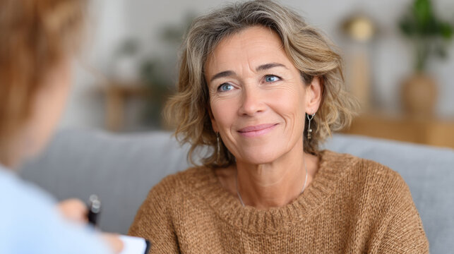 Mature caucasian female in cozy sweater talking and smiling indoors