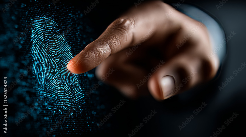 Poster biometric security: businessman analyzes data strategy with graph on digital screen. fingerprint rec