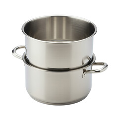 Brand new, highly polished stainless steel double boiler insert with bowl-like shape and flared rim, on transparent isolated background, ultra-realistic commercial product photography, concept of