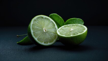 Lime and lemon halves with green leaves on dark background. Fresh fruits and healthy eating concept.
