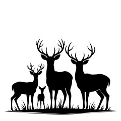 Silhouette illustration of a deer family with bucks and a fawn standing in the grass field