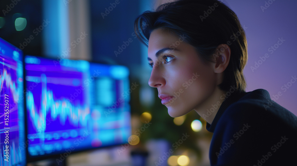 Poster focused woman analyzing stock market data on multiple monitors in a dimly lit workspace.