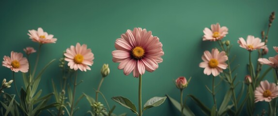 A variety of pink daisies with yellow centers against a green background, showing different stages of blooming.