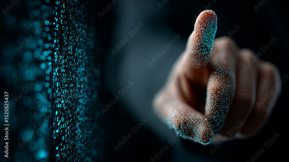 Poster cybersecurity concept: businessman touching security icon on virtual interface, data protection, thr