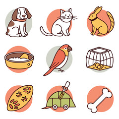 Cute illustrated icons of pets and their accessories with simple shapes and soft colors