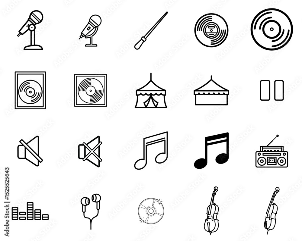 Aufkleber vector icon set of music symbols and instruments for creative projects