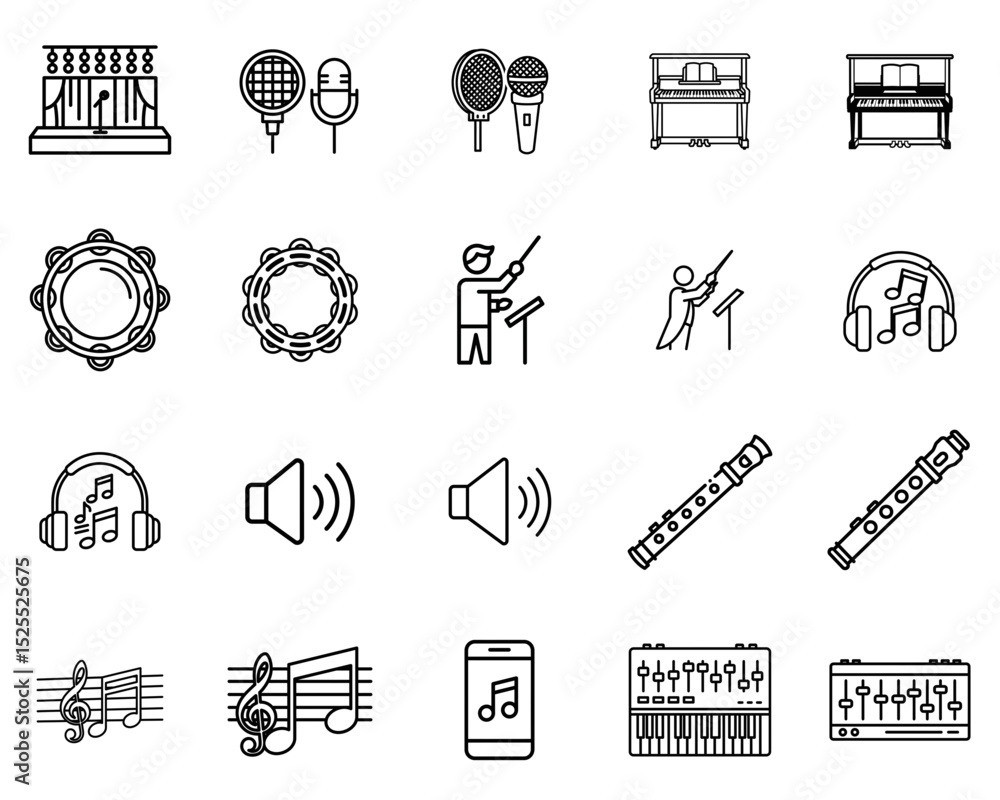 Poster music icon set featuring instruments and performance elements