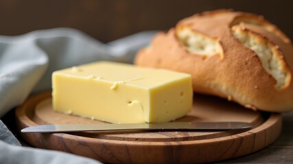 Close up of piece of butter on wooden board next to knife and bread			
