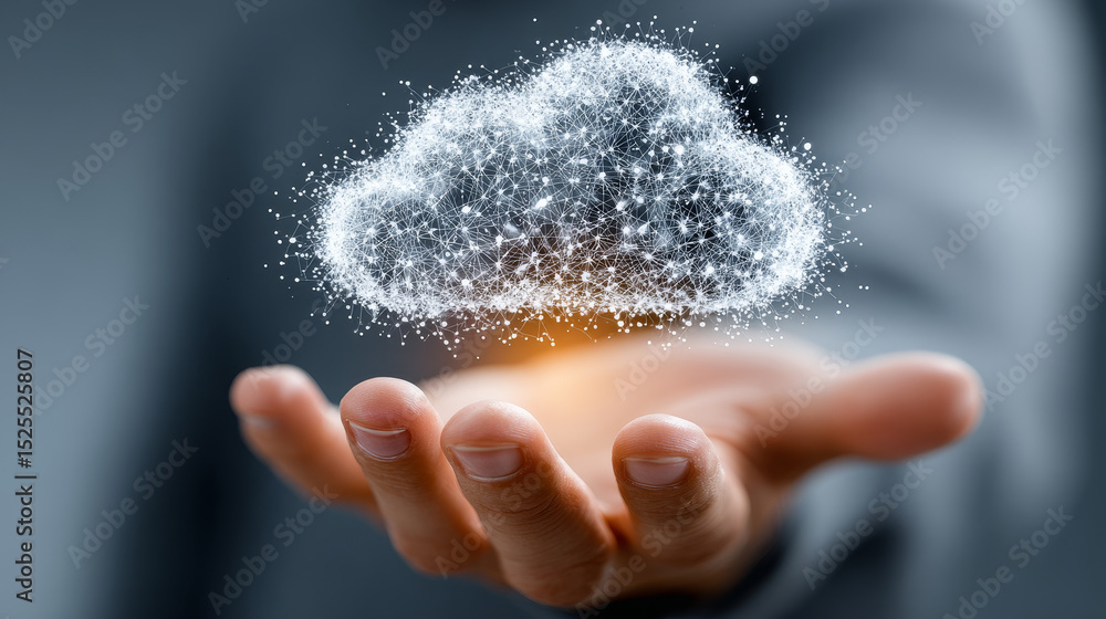 Poster cloud service concept: businessman pointing to cloud icon and data for global network on graphic int