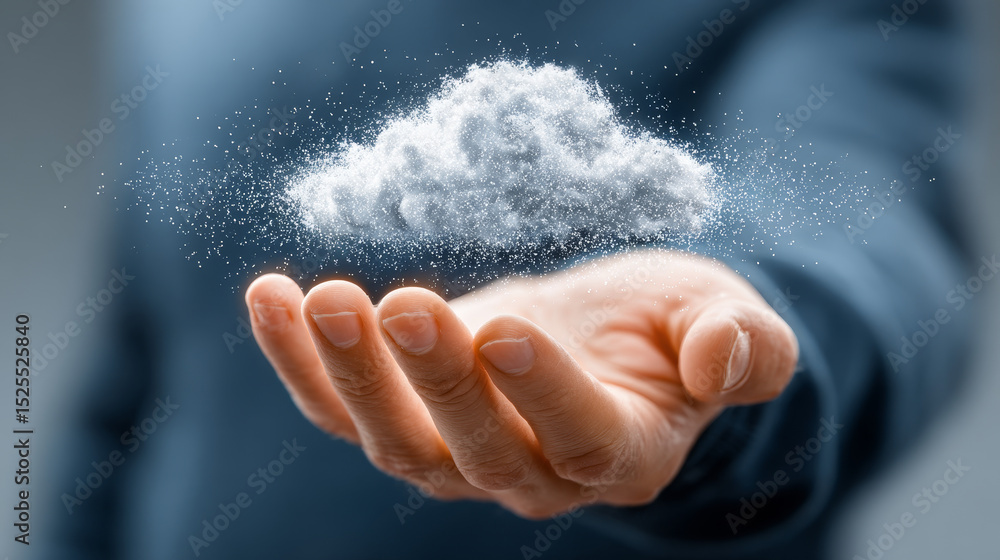 Poster cloud computing: businessman pointing icon with data storage, scalability, flexibility, collaboratio