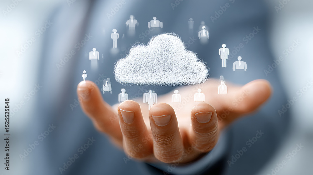 Poster cloud computing: businessman pointing icon with data storage, scalability, flexibility, collaboratio