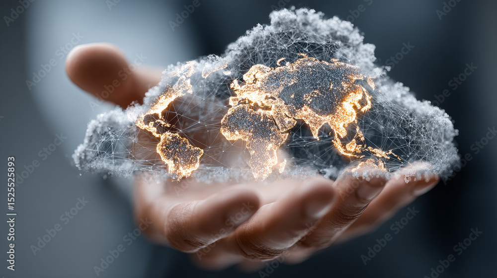 Poster saas concept: businessman pointing to saas icon and data for global cloud network on graphic interfa