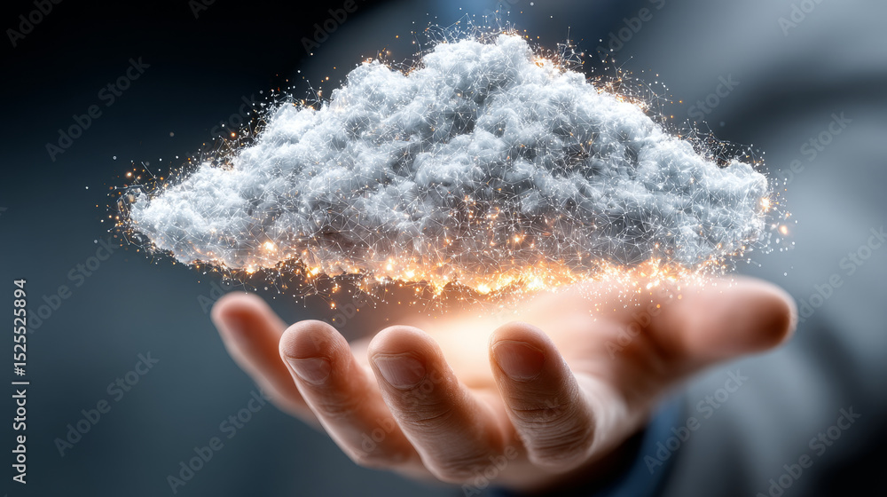 Poster cloud computing: businessman pointing icon with data storage, scalability, flexibility, collaboratio
