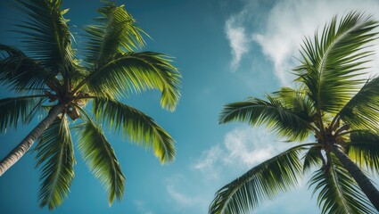 Two palm trees against a bright blue sky with scattered clouds, showcasing tropical scenery and nature.