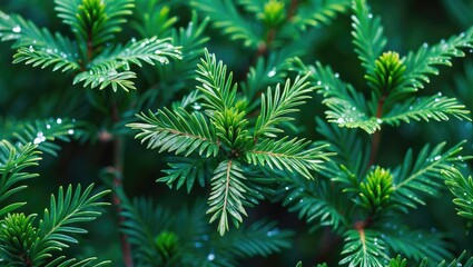 Fototapeta premium Close-up of green pine branches with tiny white lights, emphasizing the natural beauty and festive holiday atmosphere.