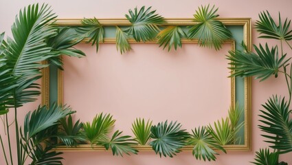 A frame surrounded by green palm leaves on a pink background.