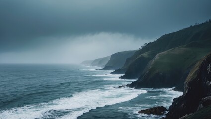 Obraz premium Coastline with cliffs and ocean under cloudy sky during stormy weather.