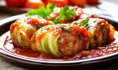 Stuffed Cabbage Rolls served in a rich tomato sauce on a rustic plate.