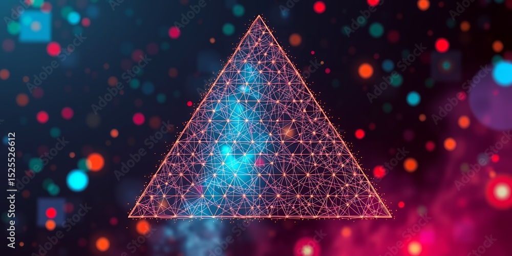Poster a luminous triangle composed of interconnected lines against a backdrop of blurred light orbs