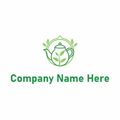 Teapot logo with leaves in green line art design style