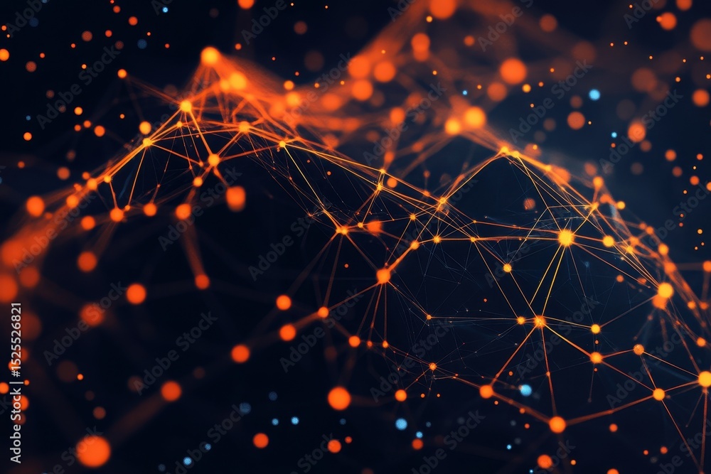 Poster Vibrant orange particle and dot line background showcasing dynamic abstract connections, Orange Particle and Dot Line Background