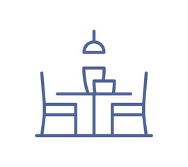 Dining table icon, minimal furniture symbol, empty restaurant setting, chair and lamp outline, cafe interior element, simple seat layout, line drawing decor flat vector illustration.