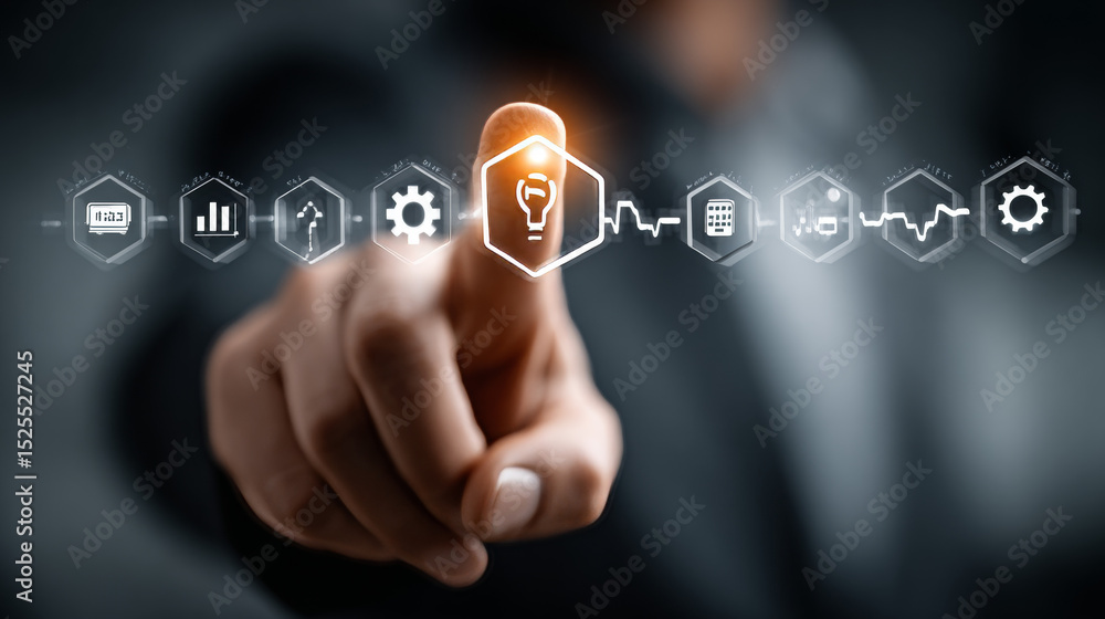 Poster internet of things (iot): businessman analyzes data strategy with graph on digital screen. connected