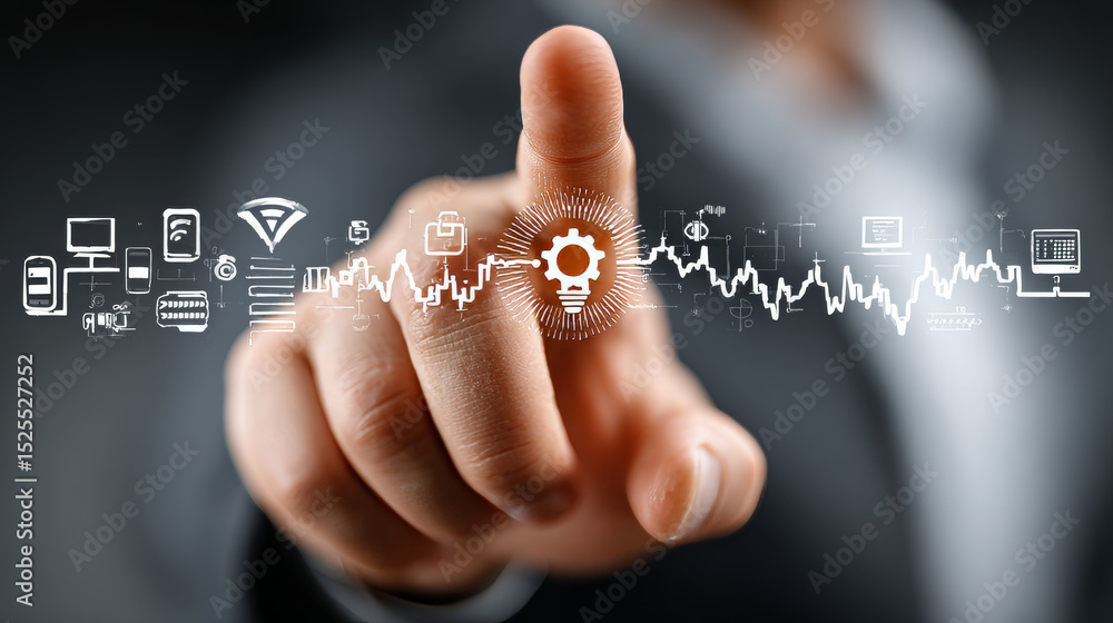 Poster internet of things (iot): businessman analyzes data strategy with graph on digital screen. connected