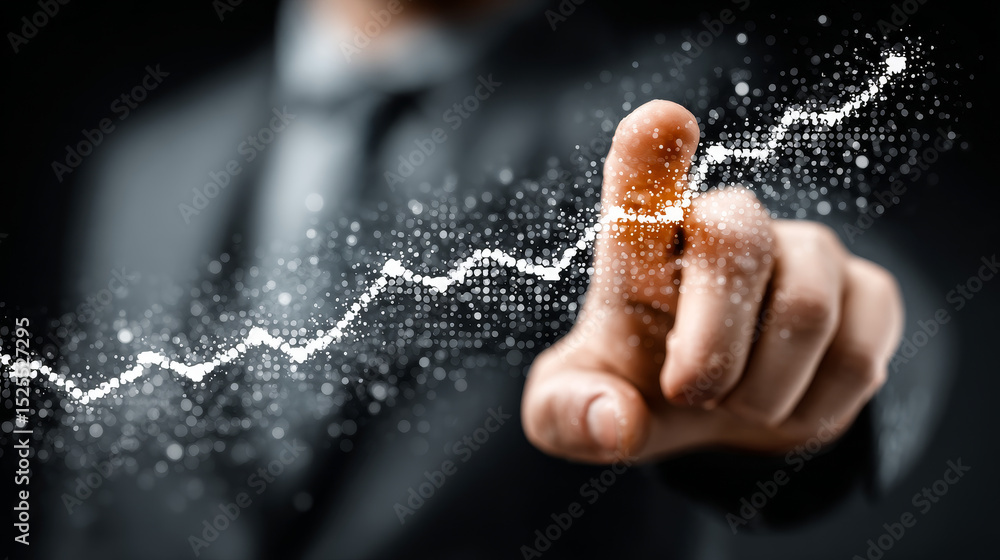 Poster internet of things (iot): businessman analyzes data strategy with graph on digital screen. connected