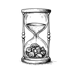 Hand-drawn hourglass filled with seashells and sand for time and nostalgia illustration