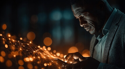 Investment: Businessman Touching Digital Global Network of Investment Data Exchange. Connectivity, Data Analysis on Social Network Connection with Hologram Modern Interface, Strategic Decision Making.
