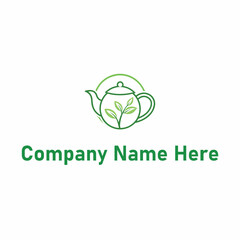 Teapot logo with leaves in green line art design style