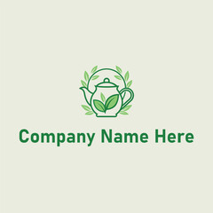 Teapot logo with leaves in green line art design style