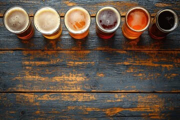 Top view of six assorted craft beers in clear glasses on rustic wooden table, perfect for brewery menus, bar promotions, tasting event flyers, and beer blog visuals