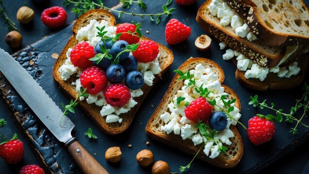 Slices of bread with cheese, raspberries, blueberries, and herbs, arranged on a dark surface with a knife, scattered nuts, and fresh berries.