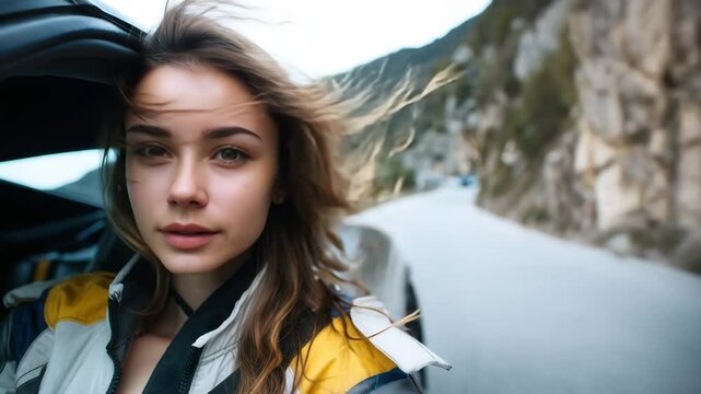 Young woman in colorful jacket sitting in open car on mountain road with view of rock