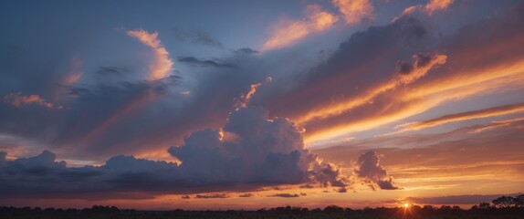 Vibrant sunset sky with clouds and colorful hues over the horizon, creating a beautiful and dramatic landscape scene.