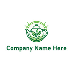 Teapot logo with leaves in green line art design style
