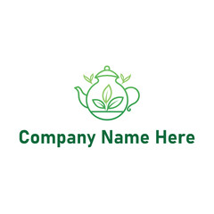 Teapot logo with leaves in green line art design style