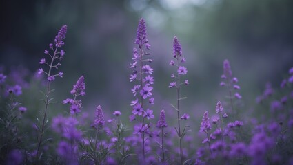 Fototapeta premium Purple flowers blooming in a field with a blurred background.