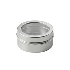 Polished silver metal cylindrical tin, 2 inches, with clear acrylic window lid, empty, pristine, on seamless transparent background, studio lighting, zero shadows, perfect product presentation concept