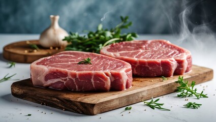 Fototapeta premium Fresh raw meat on a wooden board with herbs, garlic, and green vegetables in the background.