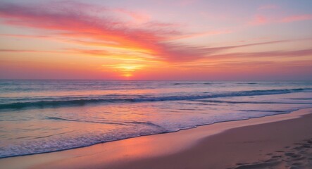 Fototapeta premium Sunset over the ocean at the beach with colorful sky and calm waves. Nature and landscape scene. Tranquility and sunset atmosphere.