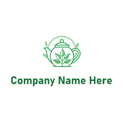 Teapot logo with leaves in green line art design style