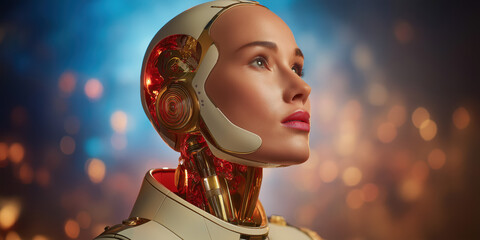 This close-up portrait showcases a female-like robot with realistic skin on her face and head, created by ai
