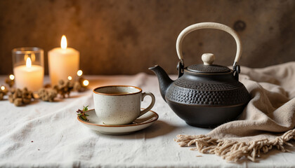 Fototapeta premium Elegant teapot and cup with a cozy setup featuring candles and soft textiles