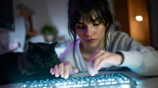 A girl with dark hair and bangs works on a laptop with a backlit keyboard at home, a black cat sits next to her
